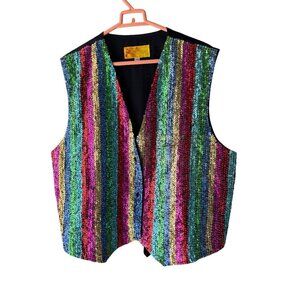 JC Vintage Mens Striped Sequin Vest Size XXL Multicolor Sleeveless Lined Festive